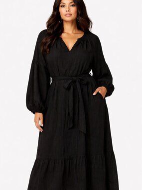 Rails Vittoria Dress Black Midi Belted Boho Size XL NWT Effortless Luxe